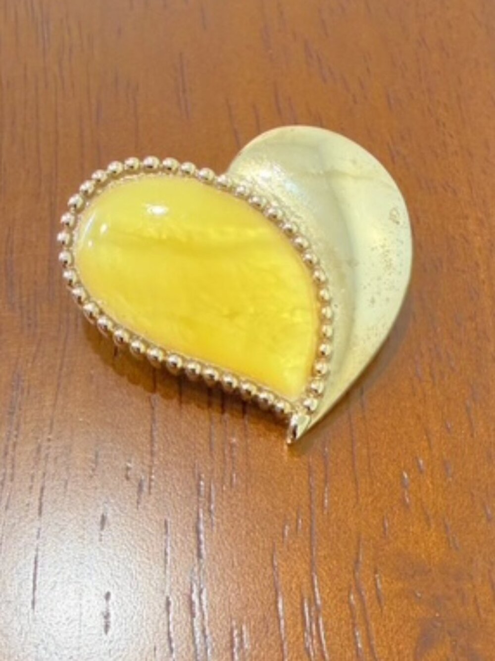 Vintage Yellow Enamel Gold Tone Heart Brooch Pin.